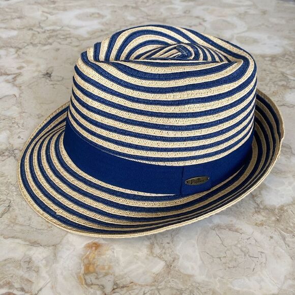Papillon Panama Style Hat Blue and Straw Colored Stripes 100% Recycled - Picture 6 of 10